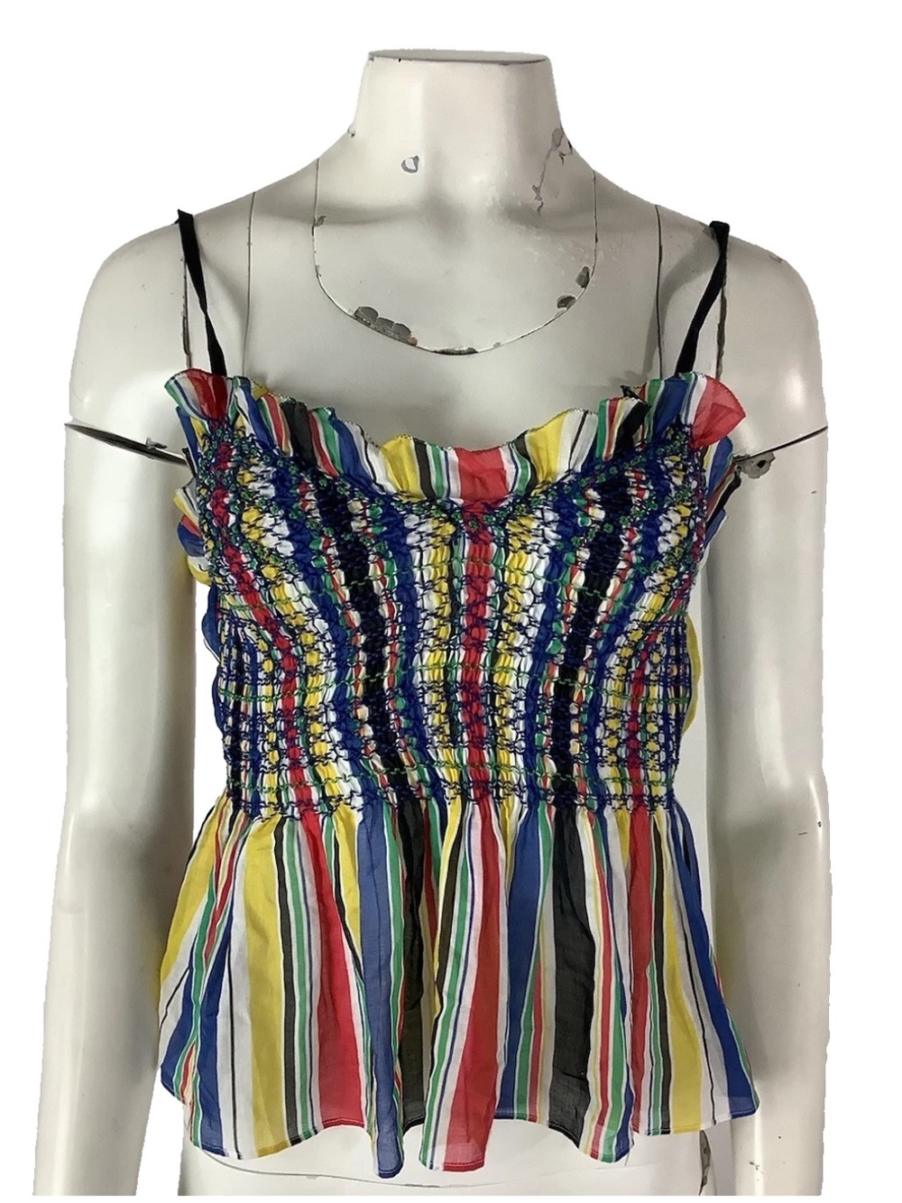 Loretta Caponi Sz XL 100% Cotton Colorful Smocked Italian Striped Summer Top